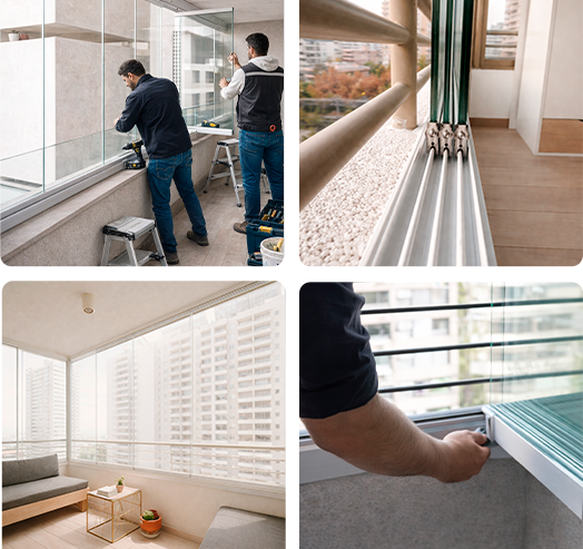 Two workers install and adjust a large glass balcony window with tools nearby on a workbench and ladder present.