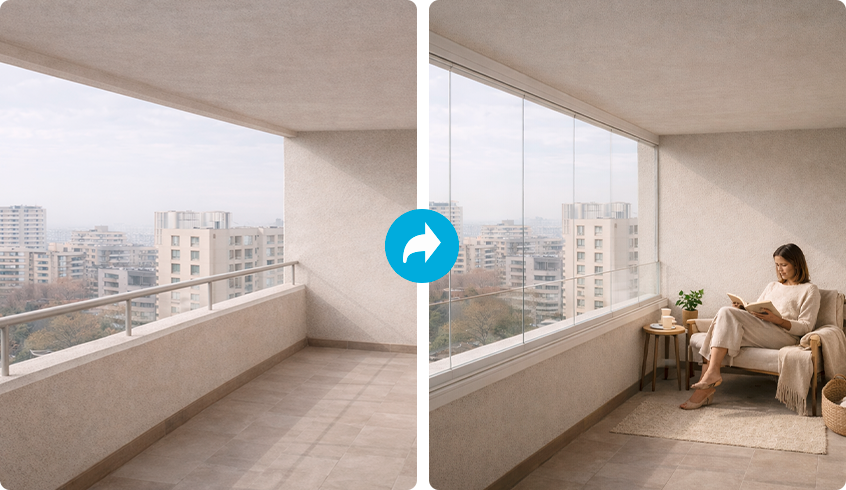 Before/after balcony view: left shows an empty balcony; right shows a woman relaxing in a chair by large windows with city skyline beyond.